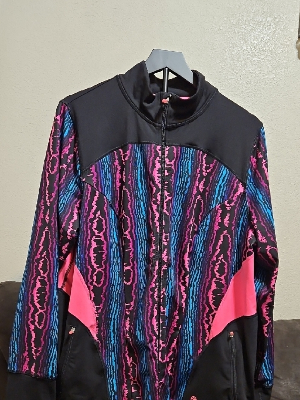 Livi Active Black Bomber Jacket with Pink and Blue Accents - Picture 2 of 6